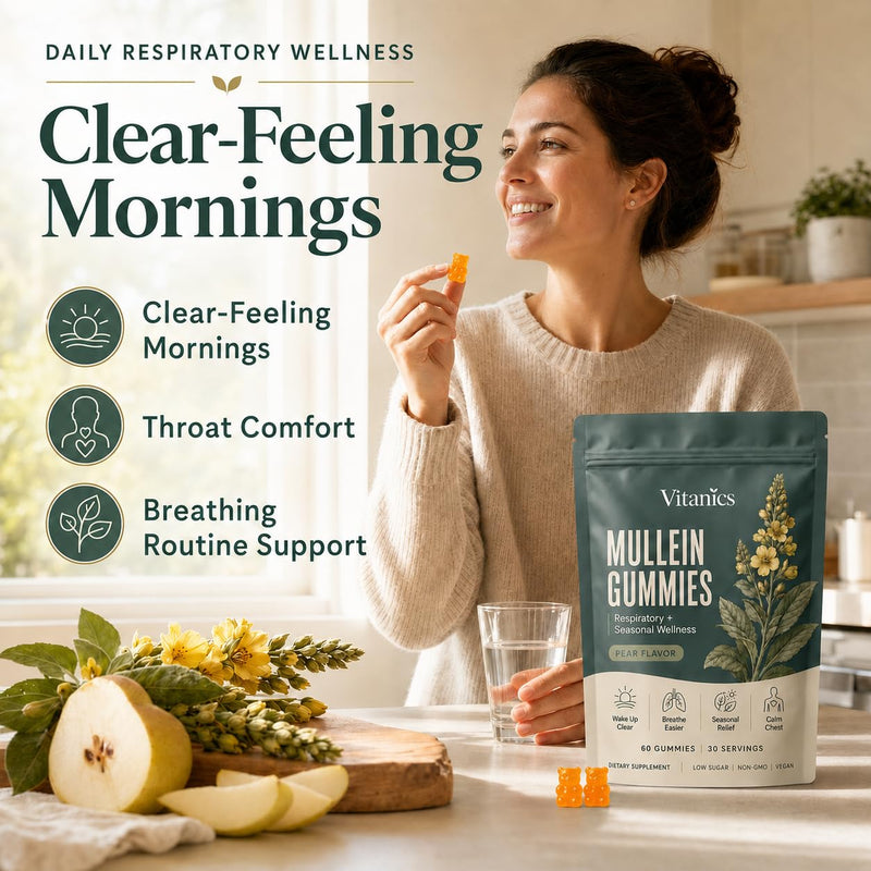 Vitanics Mullein Gummies with Quercetin and Bromelain, 60 Count | Mullein Leaf Extract for Lungs, Ashwagandha and Vitamin D3 in Pear-Flavored Gummies, Daily Respiratory Wellness