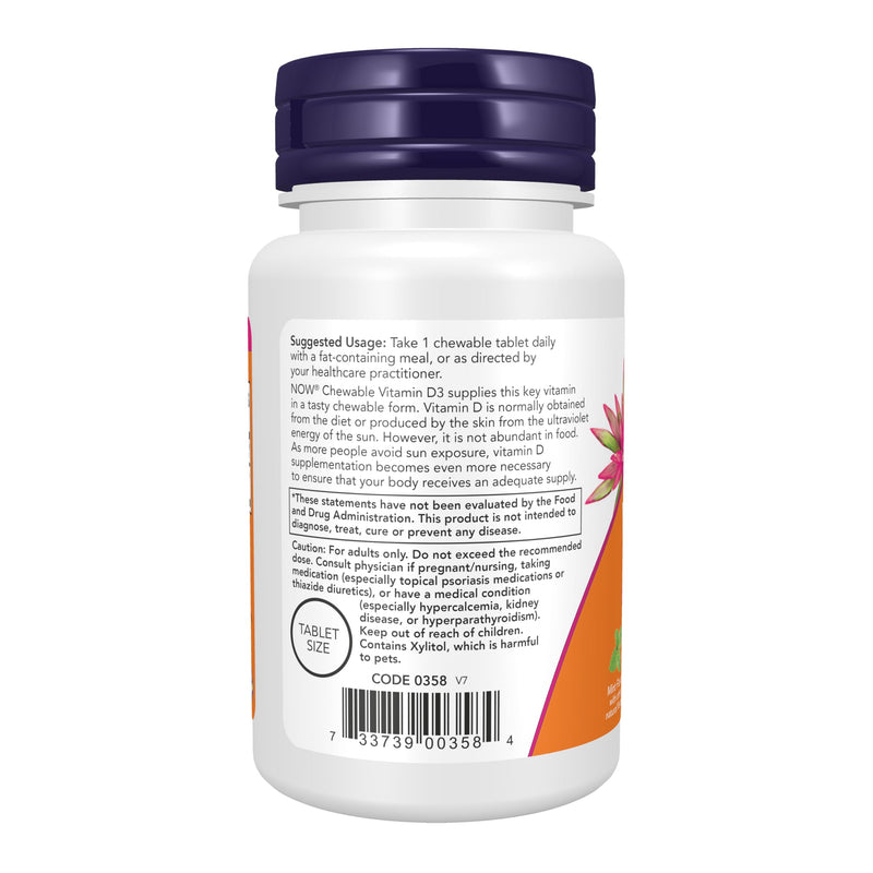 NOW Foods Supplements, Vitamin D-3 5,000 IU, Natural Mint Flavor, Structural Support*, 120 Chewables 120 Count (Pack of 1)