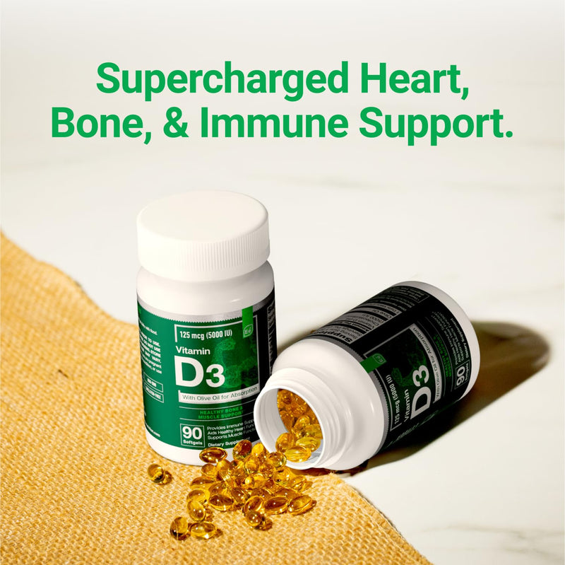 Essential Elements Vitamin D3 5000 IU - Softgels with Olive Oil - Bone, Muscle, & Immune Support - 90 Count 90 Count (Pack of 1)
