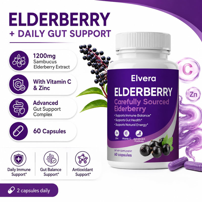 Elvera Elderberry Gut Support, 1200mg Sambucus Elderberry Extract, Advanced Gut Support Complex with Vitamin C & Zinc, Daily Wellness Formula, 60 Capsules
