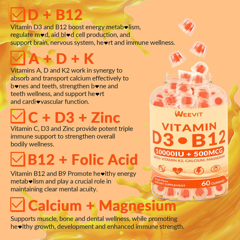 Vitamin D3 B12 Gummies, Vitamin B12 & Vitamin D 10000IU for Women Men | B12 Vitamins with Vitamin K2, Calcium, Magnesium, Sugar Free, Vegan 60 Count (Pack of 2)