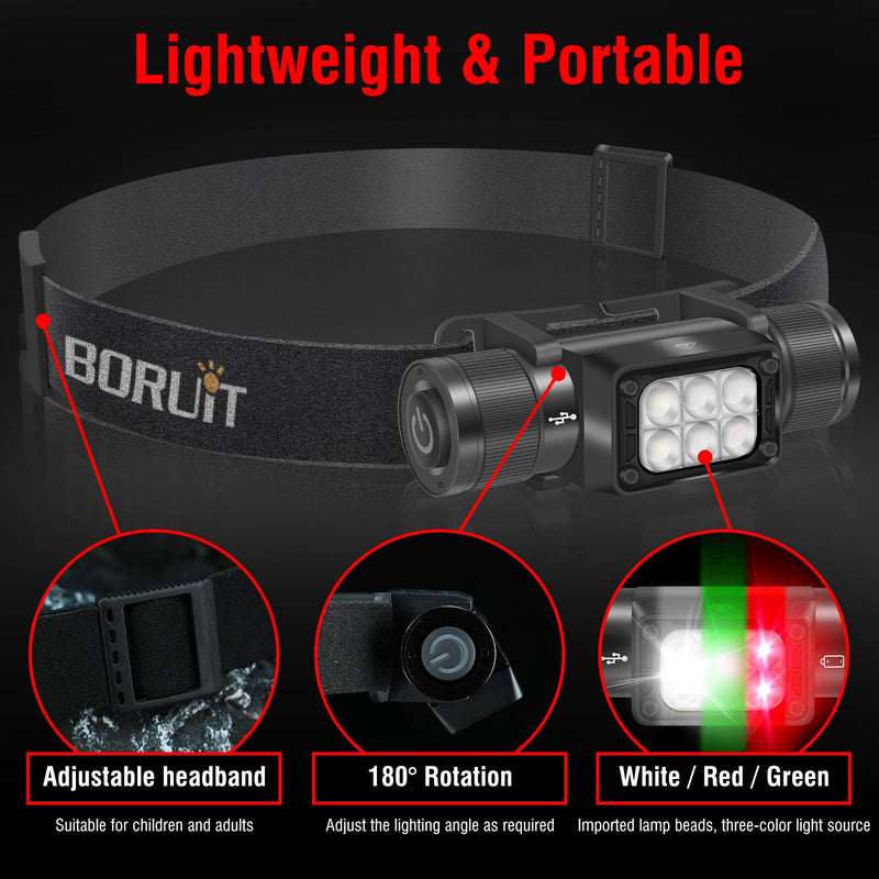 BORUIT HP360 Headlamp Rechargeable (Cob Red and Green) 7 Modes Super Bright Head Lamp,180°Angle Head Lights for Forehead, IP67 Waterproof Headlamps for Adults Outdoor Hunting Hard Hat Camping Hiking