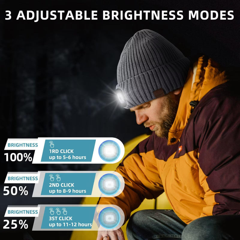 Beanie with Light for Men 2 Pack, Hat with Light Built in Rechargeable Winter Warm Knitted Headlamp Caps, Gift for Men Dads Husband Led Beanie Hats with Light(Black&Light Gray) One Size Black&light Gray
