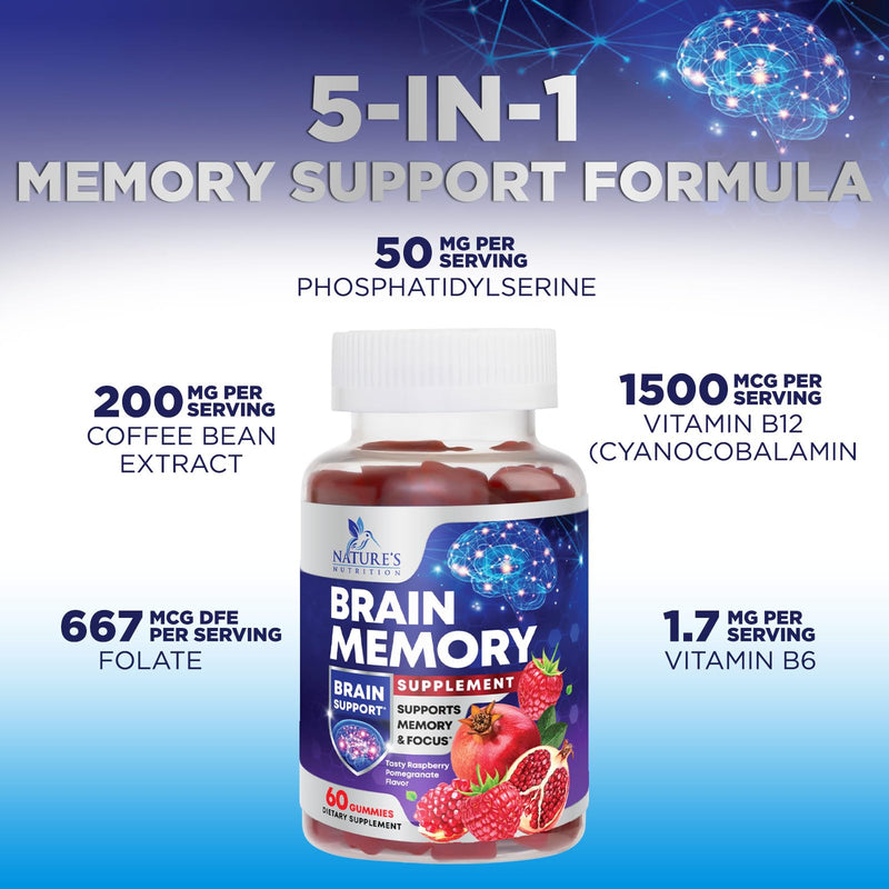 Brain Supplements For Memory & Focus Gummies - Natural Nootropics Support for Concentration Alertness & Clarity Support - 3X Strength Brain Health Vitamins with B6 B12, Phosphatidylserine - 60 Gummies 60 Count (Pack of 1)