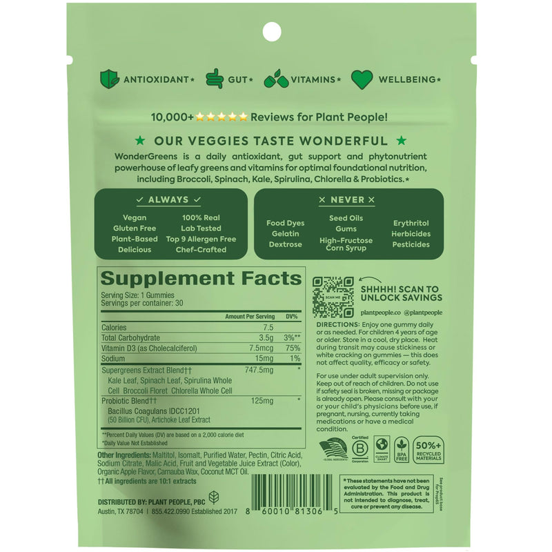 Plant People WonderGreens Kids Super Veggie Gummies, Green Apple, 30 Count | Sugar-Free Greens Gummies for Kids, Allergen-Free Multivitamin for Picky Eaters with Probiotics, Tummy & Immune Support