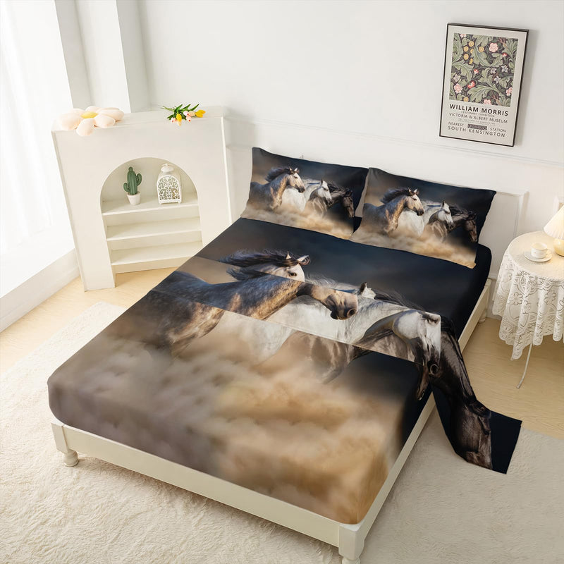 Horse Sheet Set,Running Horse Kids Bed Sheets,Galloping Horse 16" Deep Pocket Bed Sheet Set for Boys/Girls/Kids/Teens，4 Piece Sheet Set,1 Fitted Sheet,1 Flat Sheet and 2 Pillowcases，Twin Size Horse 5 Twin - BeesActive Australia