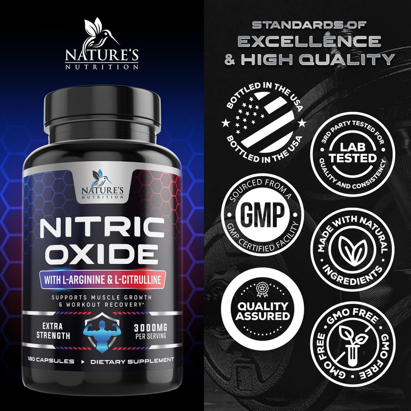 Nitric Oxide Booster Extra Strength - 3X Strength L-Arginine & Citrulline Supplement - Best Nitric Oxide Supplements for Men - Supports Muscle, Heart Health, Energy - Bottled in USA - 180 Capsules 180 Count (Pack of 1)