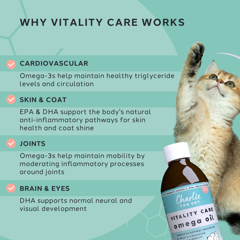 CharlieTheVet Vitality Care Omega 3 Fish Oil Supplement for Dogs, EPA 810mg & DHA 540mg per 5ml, with Vitamin E, for Skin, Joint & Heart Health