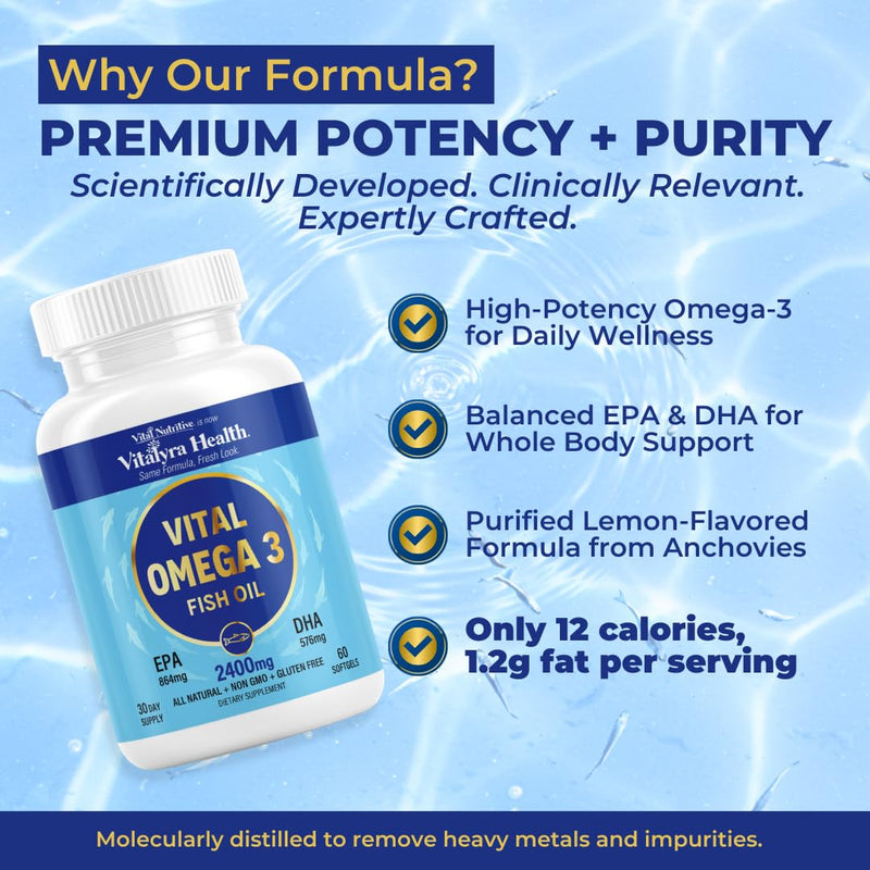 VITAL NUTRITIVE Omega 3 Fish Oil 2400mg - 864mg EPA 576mg DHA Brain & Heart | 1440mg Total Omega-3 Fatty Acids, for Women & Men, Brain & Heart Health, Lemon Taste, Gluten&Sugar Free, Non-GMO, 30 Days 60 Count (Pack of 1)