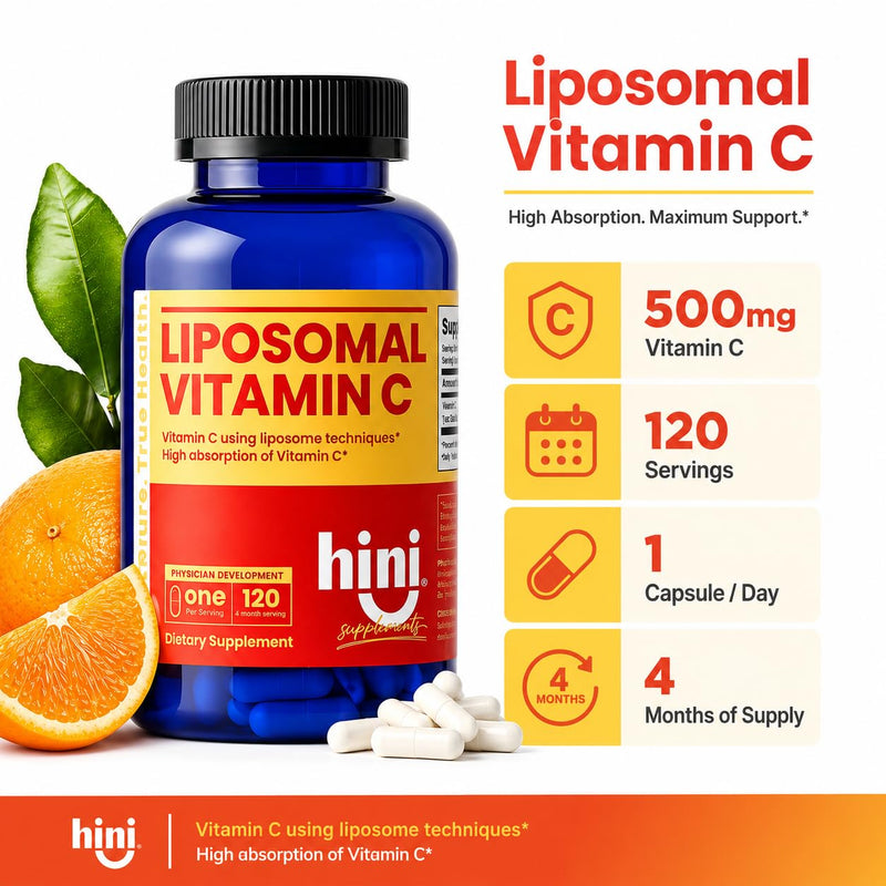 HINI Liposomal Vitamin C 500mg, High Absorption Vitamin C Supplement with CellG8 Quali-C, Daily Immune & Antioxidant Support, 1 Capsule Daily, 120 Servings