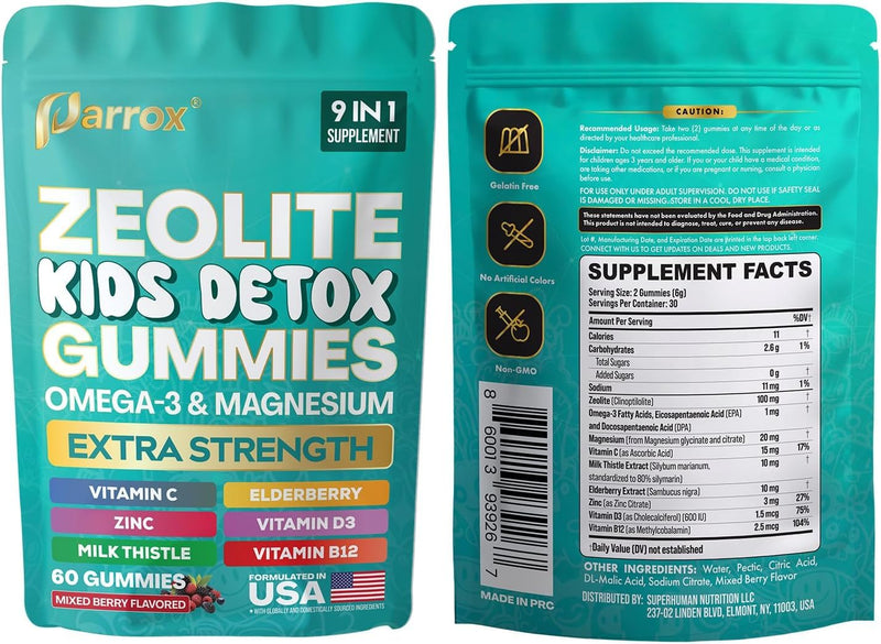 Zeolite Kids Detox Gummies, 9-in-1 Sugar-Free, Mixed Berry, 2 Pack | Extra Strength with Zeolite, Omega-3, Magnesium, Elderberry, Vitamin C, Milk Thistle, Vitamin D3, Zinc, B12 60 Count (Pack of 2)