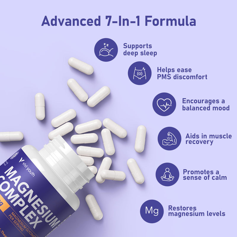 Magnesium 7 Complex for Women with 600mg Glycinate, 60 Capsules | 1600mg Blend with L-Theanine and Vitamin B6 for Sleep Support, Relaxation and Muscle Recovery, 30-Day Supply 60 Count (Pack of 1)