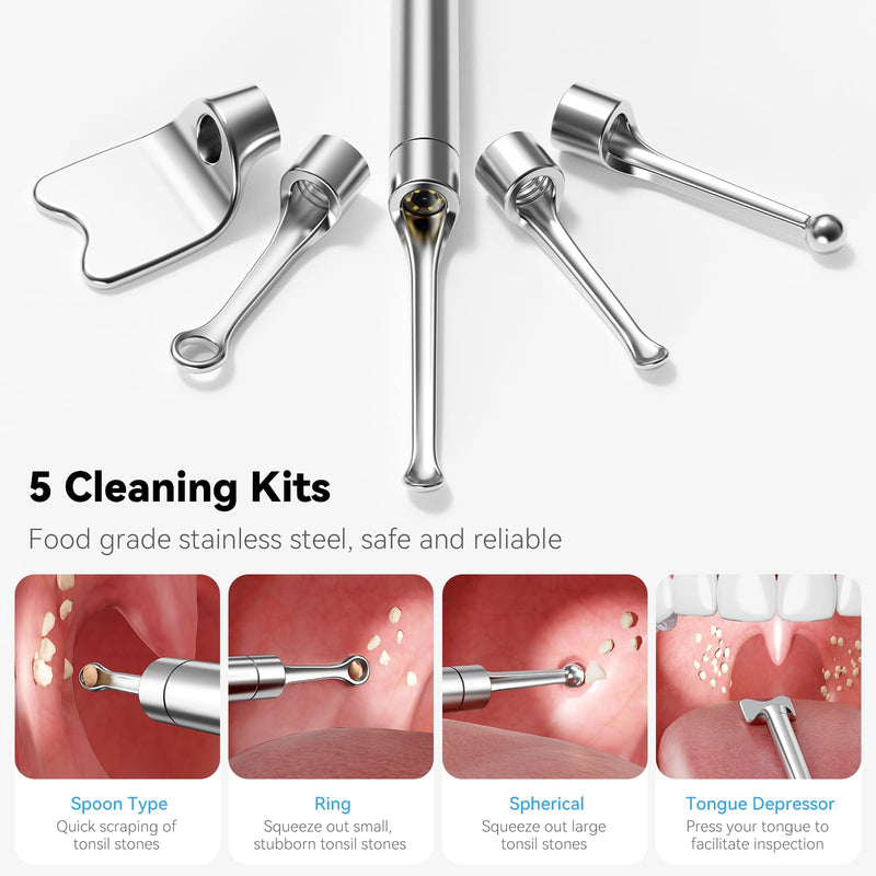 Upgraded Tonsil Stone Remover with Camera, Visual Tonsil Stone Removal Kit with 6 LED Light, Tonsil Stone Removal Tool Camera with 1080P, 5 Head Attachments, for iOS & Android (Black) Black - BeesActive Australia