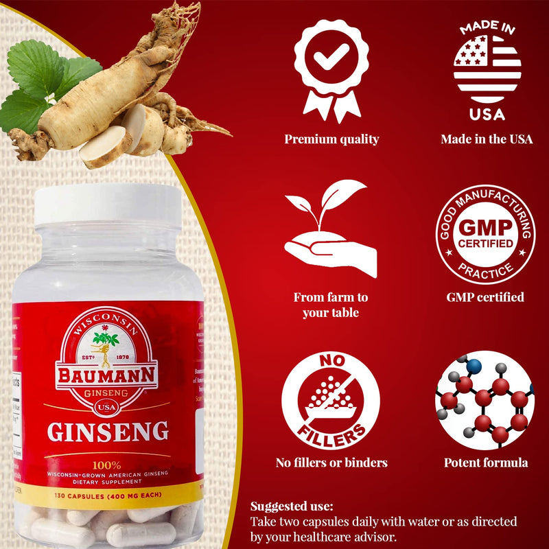 Baumann Wisconsin Ginseng Capsules 130 Pills 400 mg – Pure American Ginseng Root Extract Powder in Each Pill - 100% Natural Panax Ginseng Supplement for Immune Support, Focus and Energy 130 Count (Pack of 1)