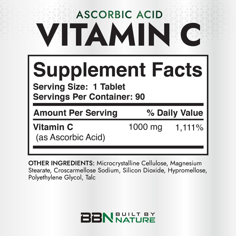 Built by Nature Vitamin C 1000mg Immune Support Supplement - 90 Tablets | High Potency, Antioxidant for Women & Men, Supports Energy, Skin & Collagen