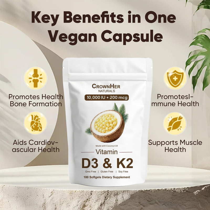 Naturals D3 K2, Essentials Vitamin D3 K2, Vitamin D3 K2 10000 IU+ K2 200 mcg MK-7, Coconut Oil, Extra Strength, Bone & Immune Support, 180 Softgels 1