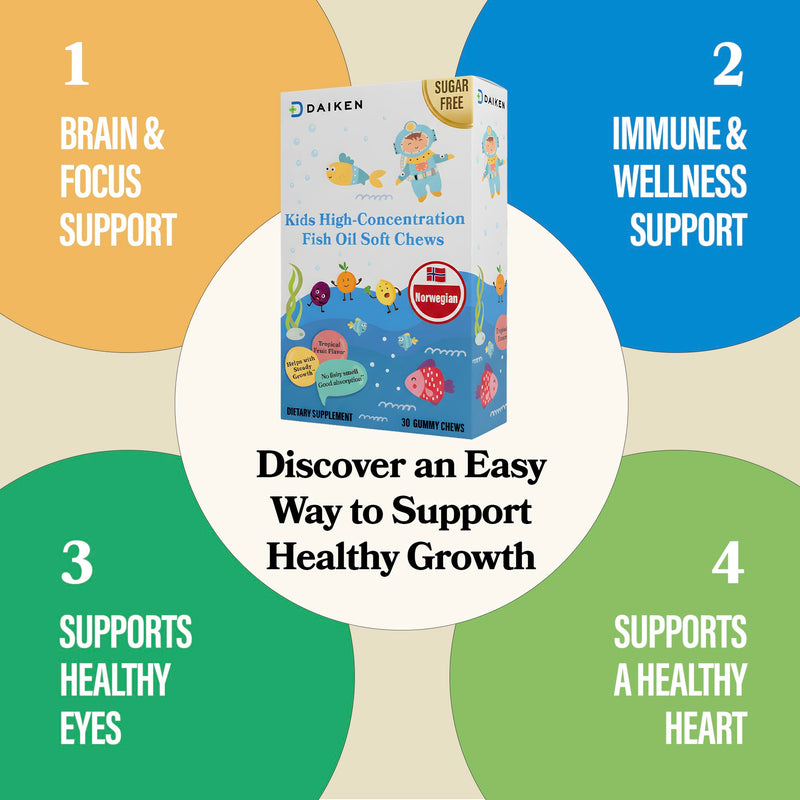 DAIKEN Kids Fish Oil Gummies-Sugar Free Omega 3 for Kids DHA/EPA & D3, 2Pk | High Potency 300mg Norwegian Omega-3 for Kids’ Brain Development & Immune Support, Individually Wrapped, Tropical Fruit, 30ct 30 Count (Pack of 2)