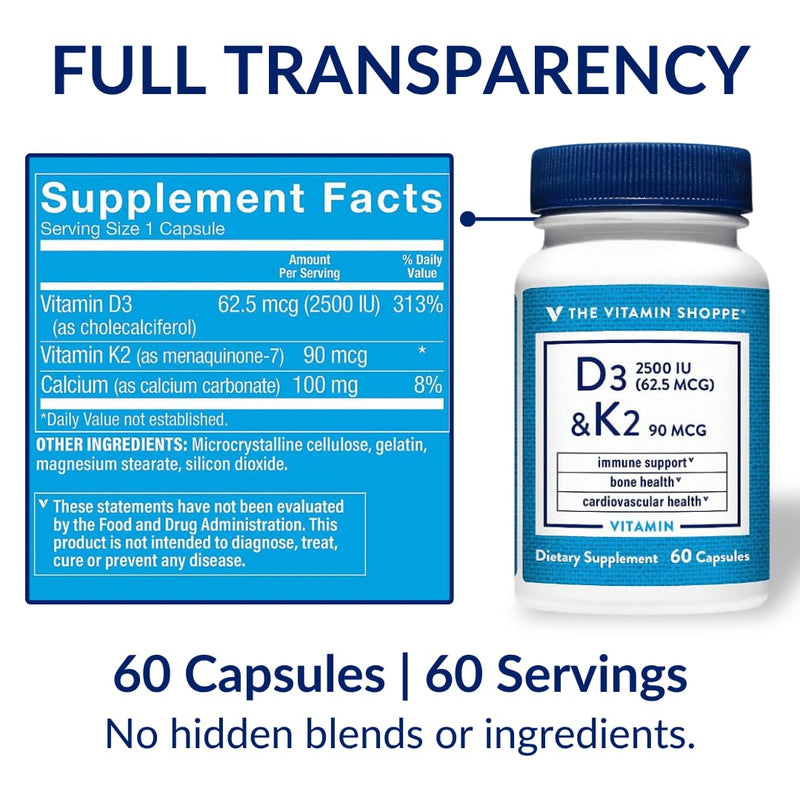 The Vitamin Shoppe Brand Vitamin D3 2500 IU & K2 90 MCG, 60 Capsules | Includes Calcium, D3, K2 & MK7 for Bone Health, Immune Support & Cardiovascular Health, Gluten Free