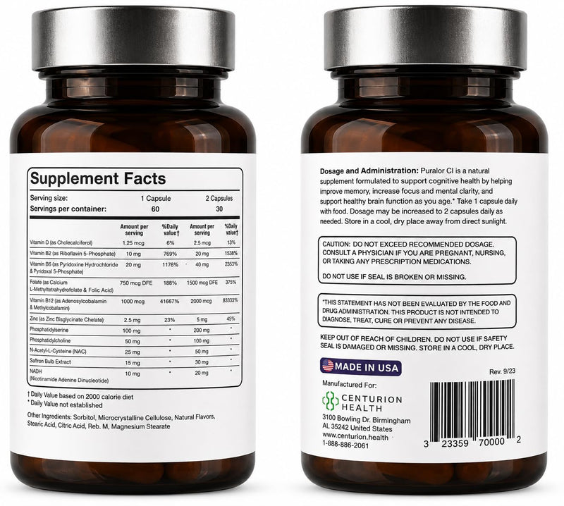 Centurion Puralor CI Brain Supplement for Memory and Focus with Folate, NADH, Vitamin B2, B6 and B12 for Teens and Adults, 60 Capsules