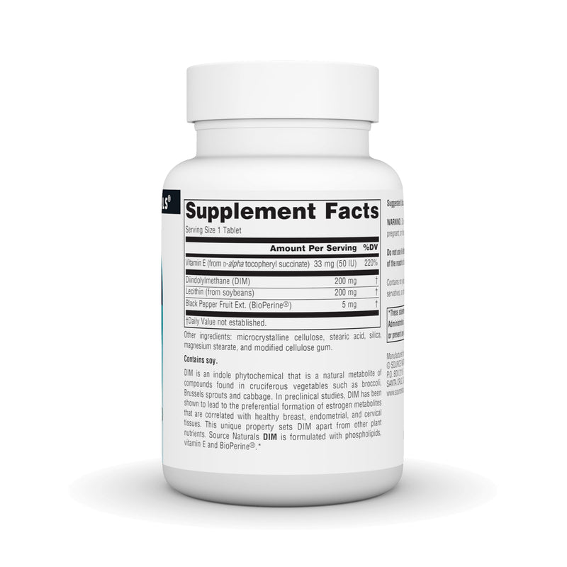 Source Naturals, DIM, Diindolylmethane - 200mg - 30 Tablets | Supports Womens Health | Made With BioPerine, Vitamin E & More | Contains Soy
