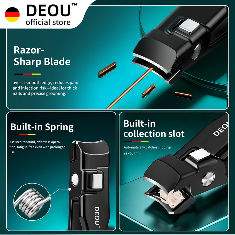 DEOU Nail Clippers Set, Stainless Steel Manicure Kit for Thick Hard Ingrown Nails, Anti-Splash with Nail File, Portable Keyhole Design, Gift Box for Home Travel (Black Flat-Mouth Scissors) Black Flat-mouth Scissors - BeesActive Australia