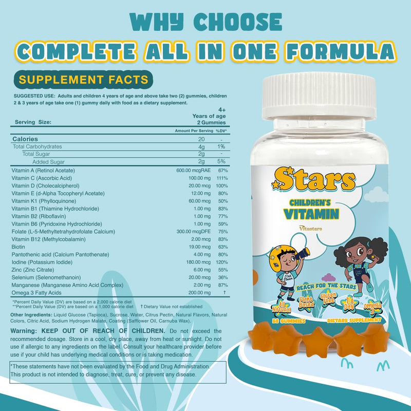 Stars Kids Multivitamin Gummies with Omega 3, Vitamins for Kids with A, B, C, D, Plant Based Multi Vitamins for Children, Manganese, 60 Star-Shaped Multivitamin for Kids, Gluten-Free Gummy Vitamins Stars Children's Vitamin