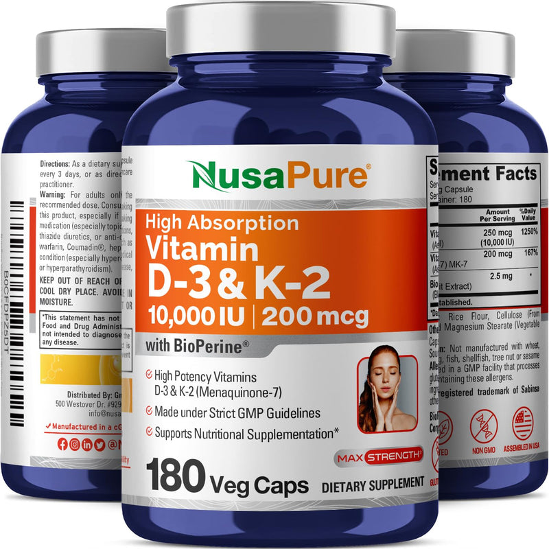 Vitamin D3 & K-2, 10000 IU, Non-GMO, 200mcg, 180 Veg Caps - 180 Servings | Dietary Supplement Formula, Added BioPerine, Suitable for Adults, Vegan, Manufactured in a cGMP Registered Facility USA