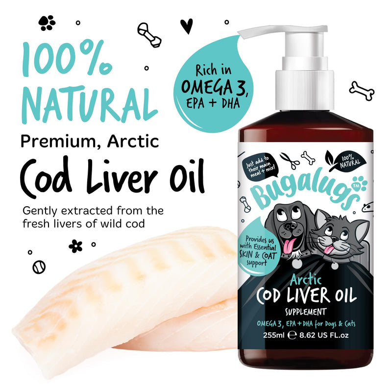 Bugalugs Cod liver Oil for Dogs & Cats, EPA & DHA, Fish Oil for Dogs Skin & Coat dog supplements health supplies for dogs more omega 3 for dogs than salmon oil for dogs uk (255ml, Cod Liver Oil)