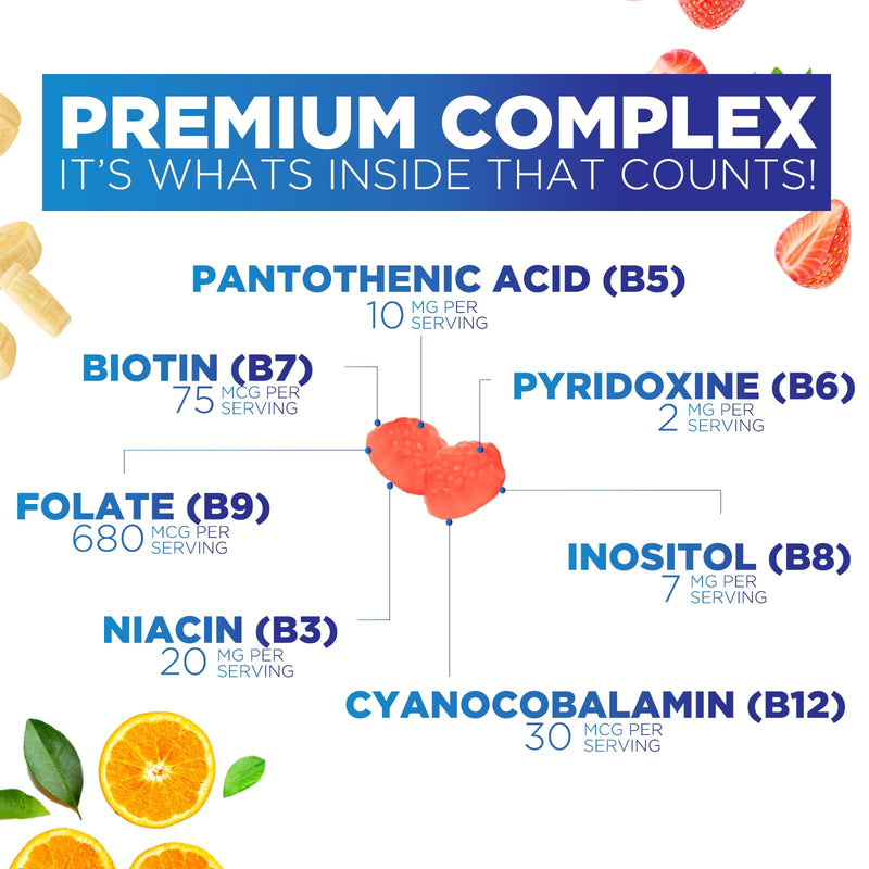 Vitamin B Complex Gummies - Extra Strength Super B Vitamin Gummy with Vitamin C, Immune Support for Men & Women - Energy and Brain Support Supplements with Folic Acid, Niacin, B6, B12 - 60 Gummies 60 Count (Pack of 1)