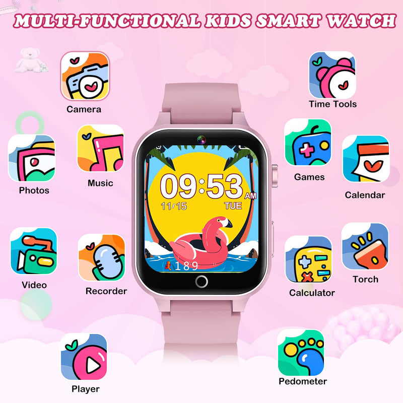 Kids Smart Watch with Camera, Video, Music Player, Alarm Clock, Stopwatch, Calendar, Pedometer, 1.54'' HD Touchscreen, Shockproof, IP68 Waterproof for Girls Boys 6-12 Years Old (Pink) Pink