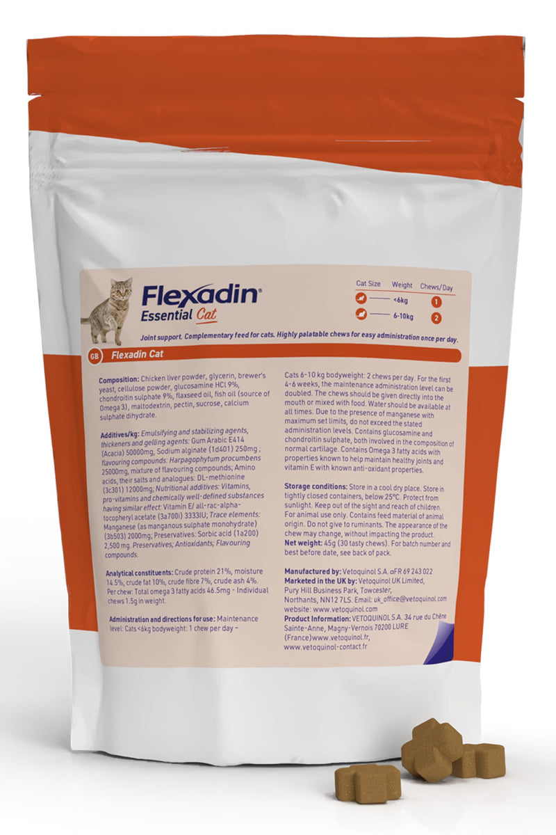 Flexadin Essential Joint Care Supplement for Cats containing Glucosamine, Chondroitin, Omega 3, Vitamin E & Devil’s Claw/Promoting long-term joint health, mobility & flexibility / 30 chew pack