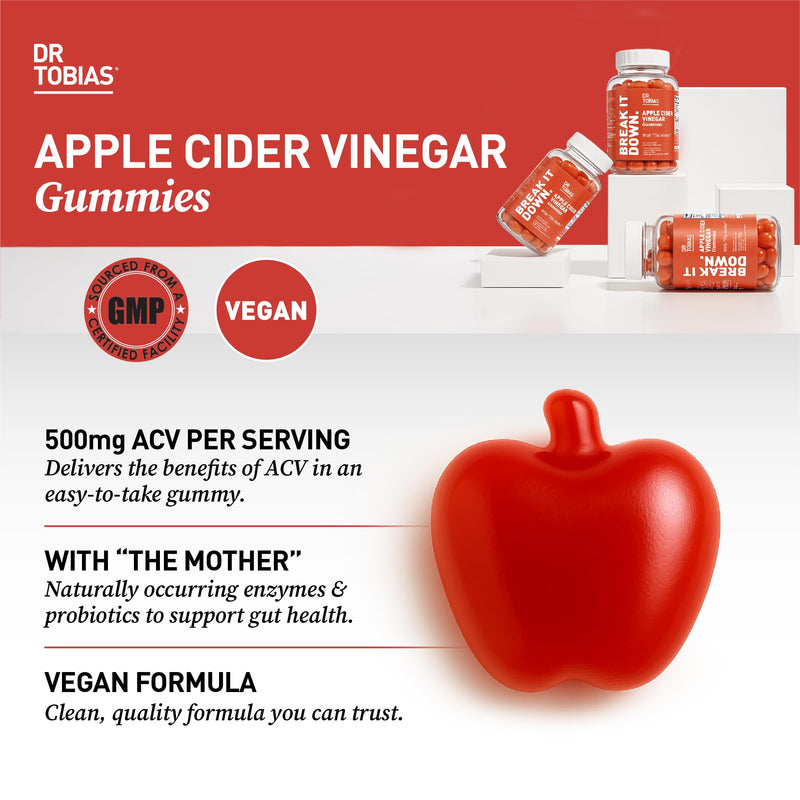 Dr. Tobias Apple Cider Vinegar Gummies with The Mother 120 Count | Digestive & Daily Wellness Support | 500 mg ACV | Folate + B6 + B12 + Iodine | Vegan | 60 Servings 120 Count (Pack of 2)