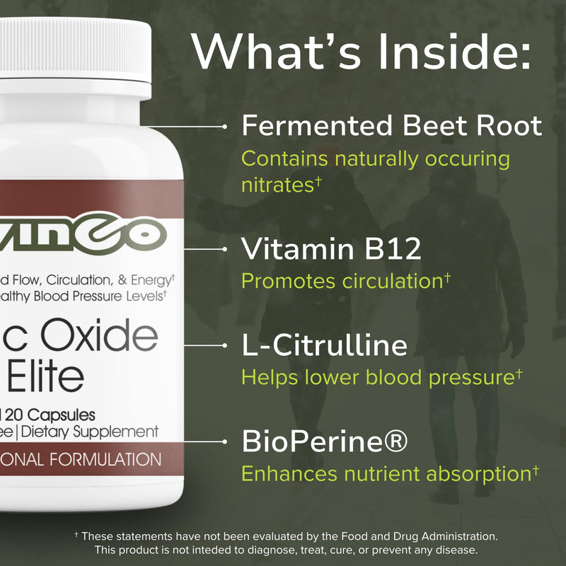 Vinco Inc - Nitric Oxide Elite Daily Blood Pressure Supplement | (120 Capsules) | Beet Root & Grape Seed Extract | Supports Circulation, Blood Pressure & Energy | Gluten Free &