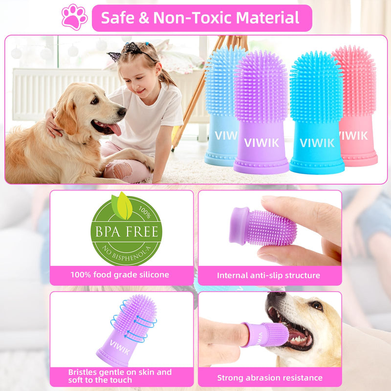 VIWIK Dog Bath Gloves with 4Pack Dog Toothbrush, Dog Grooming Kit, Dog Finger Toothbrush for Small Breed, Medium Large Dogs, Silicone Dog Washing Gloves with High-Density Teeth, Pink - BeesActive Australia