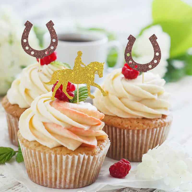 24PCS Kentucky Derby Cupcake Toppers, Equestrian Horse Themed Party Decor, Baby Shower Party Supplies, Horseshoe Sign Food Picks, Gold Glitter - BeesActive Australia
