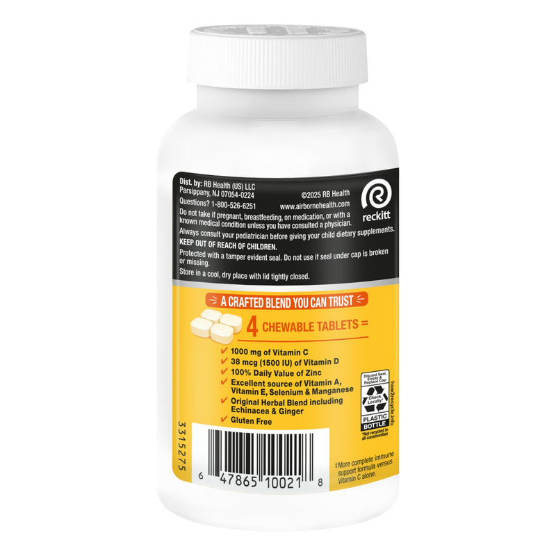 Airborne 1000mg Vitamin C Immune Support Citrus Chewable Tablets, 200ct | Antioxidants Vitamins A, D & E + Zinc, Selenium, and Manganese, Herbal Blend, Multivitamin Supplements, Immune Health, Tasty 200 Count (Pack of 1)