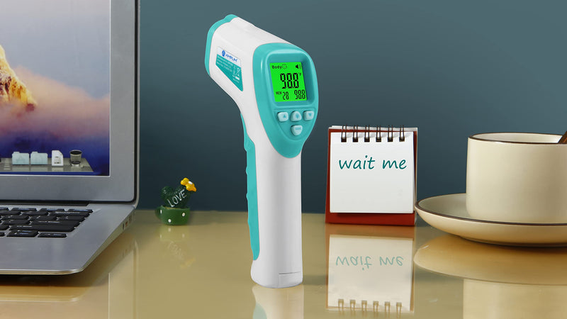 Amplim No-Touch Forehead Thermometer for Adults, Kids, and Infants: Digital Temporal Touchless Medical Grade Thermometer with LCD Display, Registry Must Have for Body Fever Temperatures, Blue Green White