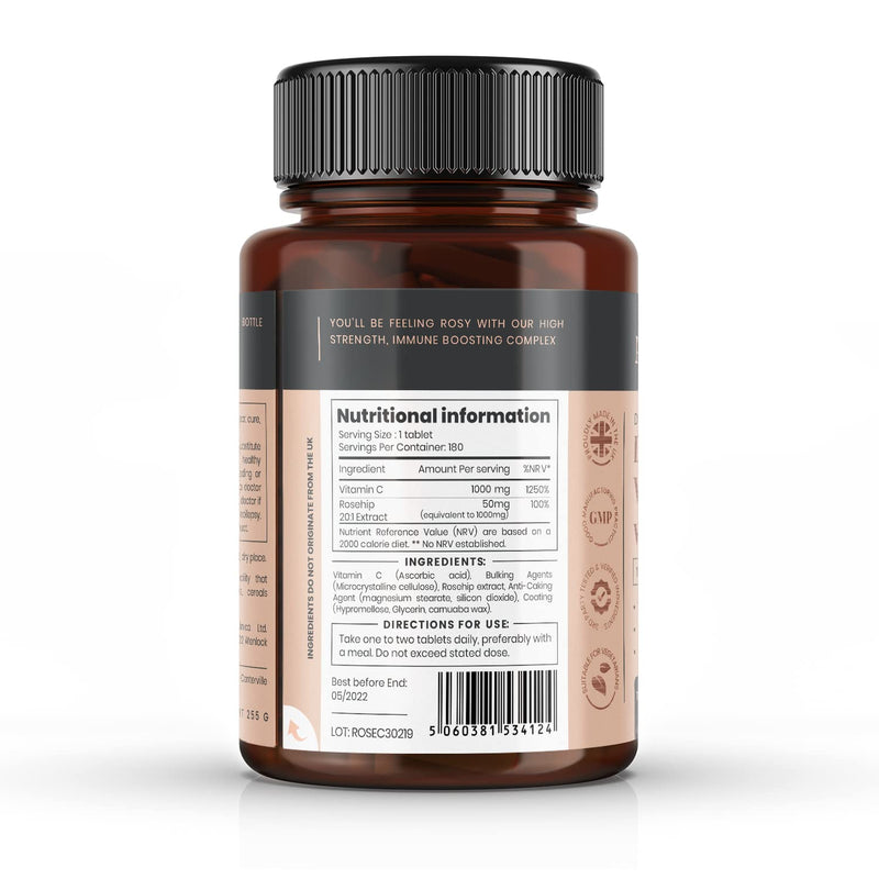 pureclinica Vitamin C with Rosehip – 2000mg (1000mg VIT C & 1000mg Rosehip Extract) x 180 Tablets - 6 Months Supply! 180 Count (Pack of 1)