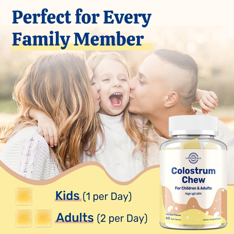 Bovine Colostrum Chews Supplement with 60% IgG for Humans Women Men Kids- for Immune, Gut, Bone, Joint, Cognitive, Overall Growth, from Grass-Fed Cows & Vanilla Flavor, 60 Soft Chews 60 Count (Pack of 1)