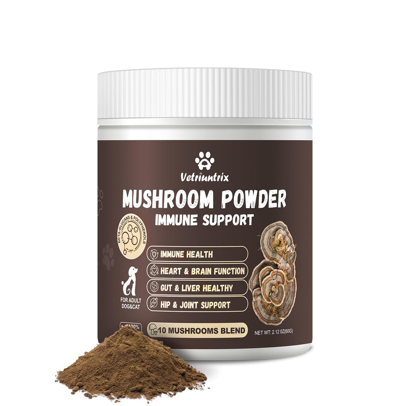Turkey Tail Mushroom Powder for Dogs, Organic 10 Mushroom Blend for Lipoma Lumps and Bumps, Dog & Cat Herbal Supplements Probiotic with 50% β-Glucan, Joint Gut Immune Skin Support - 60g Chicken