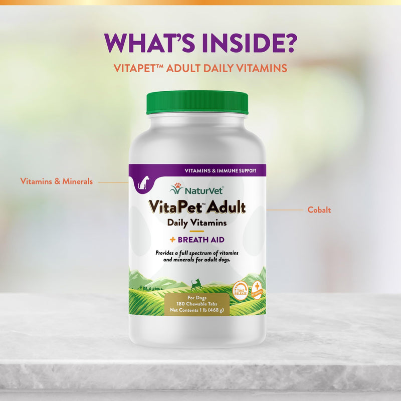 NaturVet - VitaPet Adult Daily Vitamins for Dogs - Plus Breath Aid - Provides a Full Spectrum of Vitamins & Minerals - Enhanced with Omega-6 Fatty Acids (180 Time Release Chewable Tablet 180 Count - PawsPlanet Australia