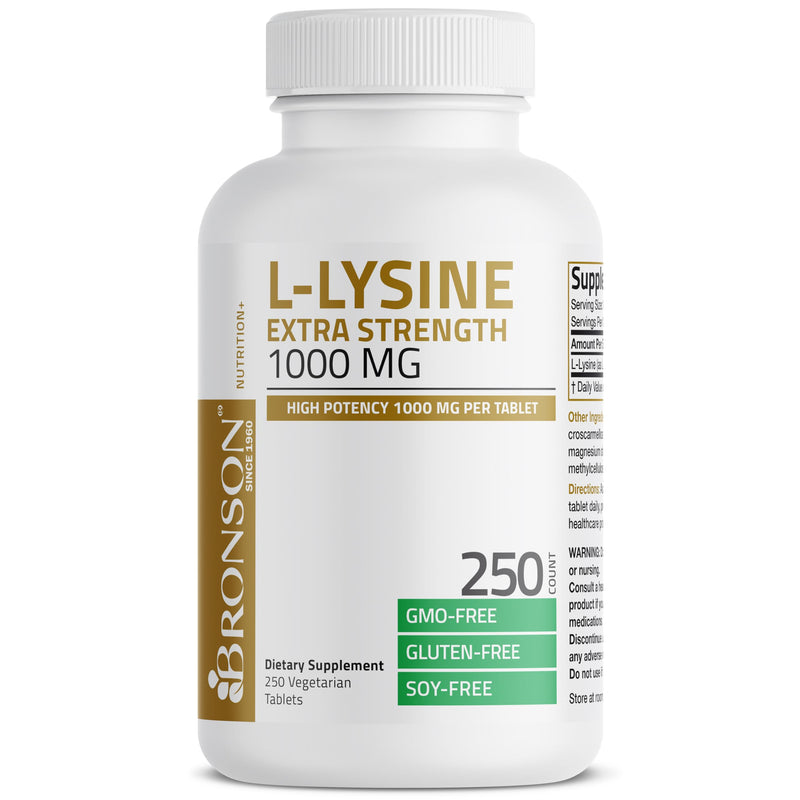Bronson L-Lysine Extra Strength 1000 mg, 250 Vegetarian Tablets | Immune Support, L-Lysine HCl, Essential Amino Acid, Collagen Synthesis Support, Non-GMO, Gluten-Free & Soy-Free 250 Count (Pack of 1)