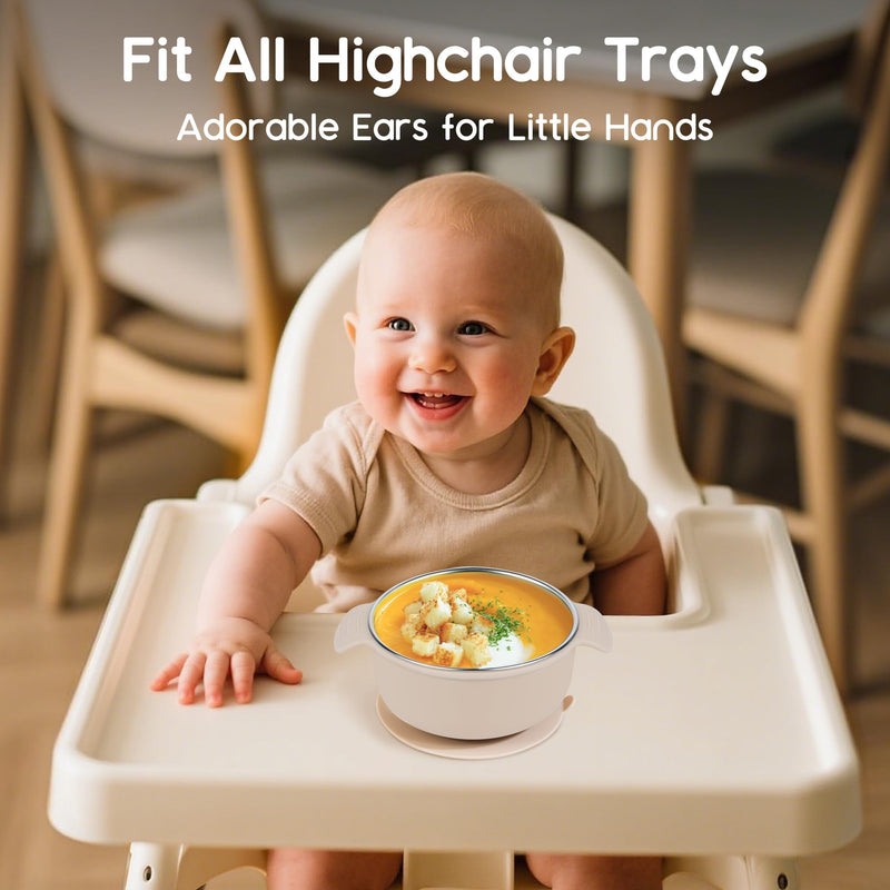 Bella's Friends Stainless Steel and Silicone Baby Bowls with Suction 3 Pack, 4.3‚Äù for Toddlers Kids Feeding, Non-Slip, Non-Toxic, Mess-Free, Dishwasher Safe, Fit High Chair Size, beige green blue
