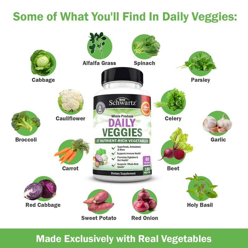 Daily Fruits and Vegetables Supplement - Super Fruit and Veggies Capsules | Supports Energy Gut Health and Immune Support with 47 Whole Food Fruits and Veggies - 180 Veggie Capsules (2-Pack) 180 Count (Pack of 2)