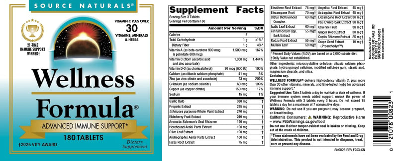Source Naturals Wellness Formula, Advanced Immune Support* - 180 Tablets | Bio-Aligned Vitamins & Herbal Defense with Vitamin C Plus 30 other Vitamins, Minerals & Herbs for Immune System Support* 180 Count (Pack of 1)