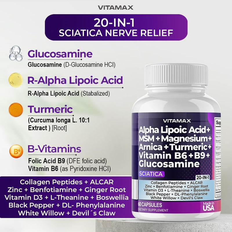 Sciatica Nerve Health Support - Sciatic Nerve Supplement Capsules with Folic Acid, Pea, Glucosamine, MSM, Vitamin B Complex, Alpha Lipoic Acid 300mg - Made in USA (60 Count (Pack of 2)) 60 Count (Pack of 2)