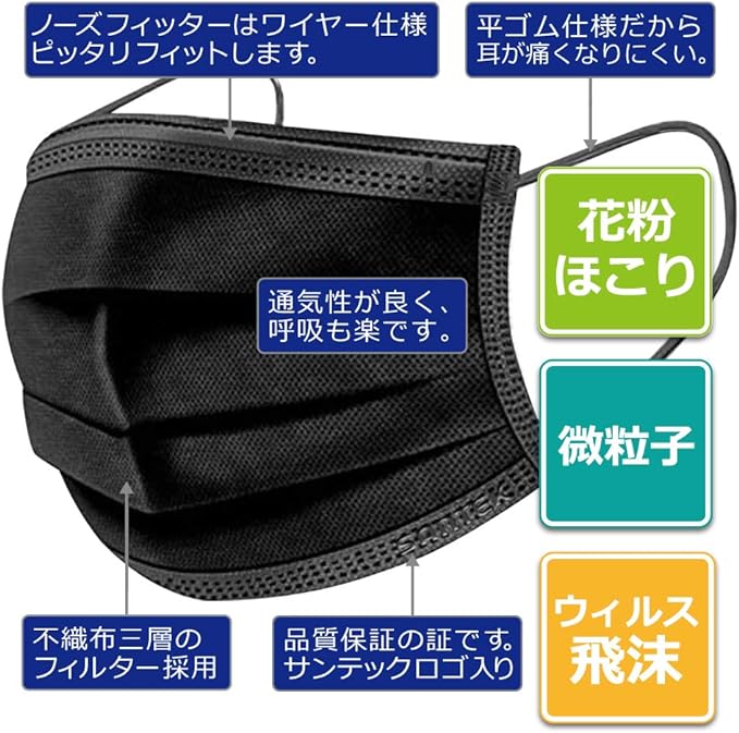 [Santek] Non-woven mask, 50 pieces, disposable, large, won't hurt your ears, UPF50+, UV blocking rate 99.9%, VFE99.9%, BFE99.9%, PFE99.8%, pollen, dust - BeesActive Australia