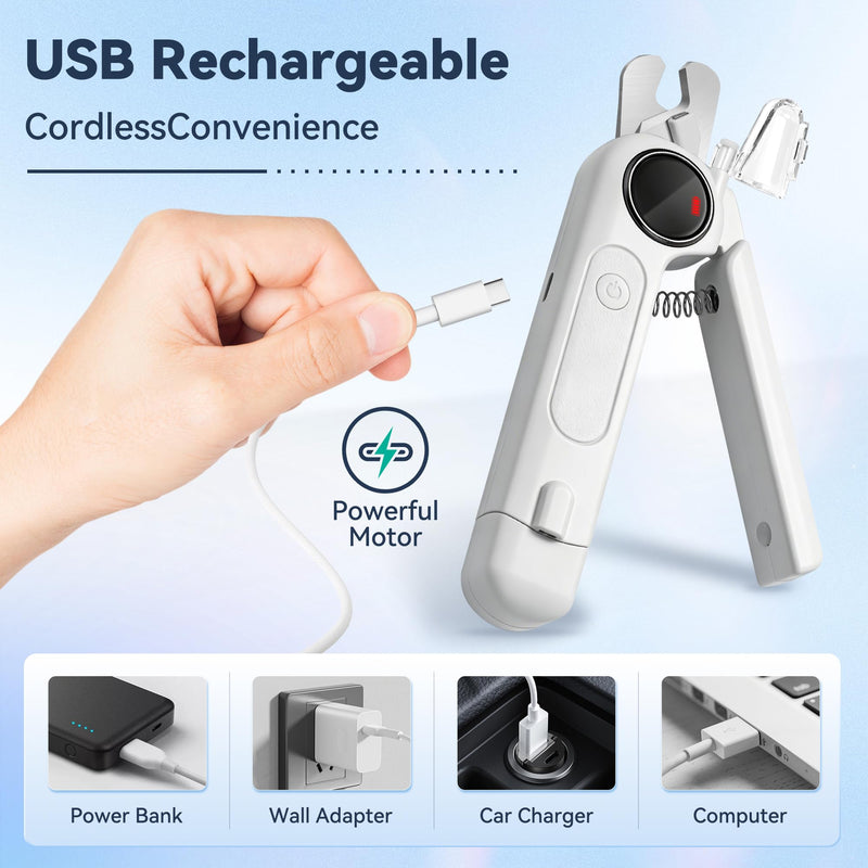 2-in-1 Dog Nail Clippers & Grinder with Light, Quiet Electric Pet Nail Trimmer for Large Medium Small Dogs & Cats, 3 Speeds, Rechargeable, Splash Guard & Safety Lock, Painless Grooming Tool (White) - BeesActive Australia