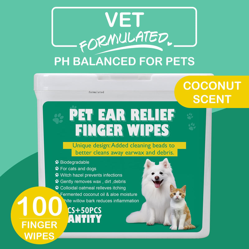 100pk XL Dog Ear Wipes | Soft, Quick & Gentle Ear Wipes For Dogs & Cats | Remove Dirt, Wax & Stop Smelly | Natural Coconut Oil & Aloe Vera Infused Dog Ear Cleaning Finger Wipes! Hypoalergenic