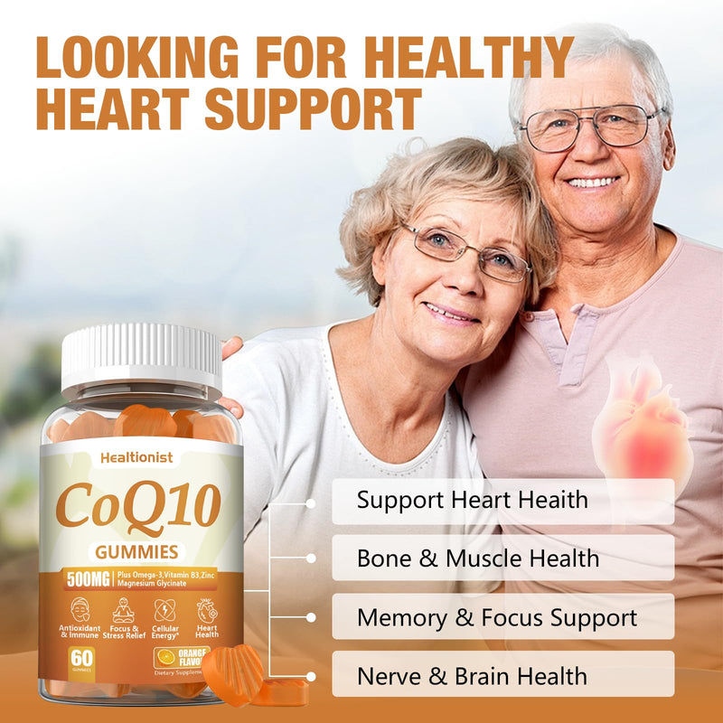 2 Pack 500MG Coq10 Gummies - 3X Better Absorption, Plus Omega-3, Magnesium, Vitamin B3 & Zinc - Coenzyme Q10 Supplements for Heart Health, Cellular Energy & Antioxidant, Vegan, 120 Counts 60 Count (Pack of 2)